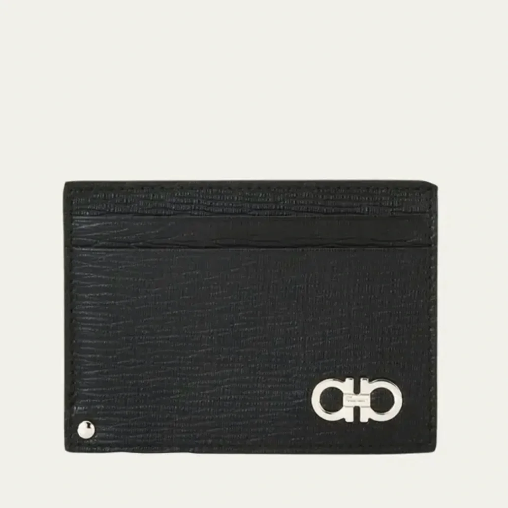 Salvatore Ferragamo NWOT Black Leather Card Case Wallet with box.